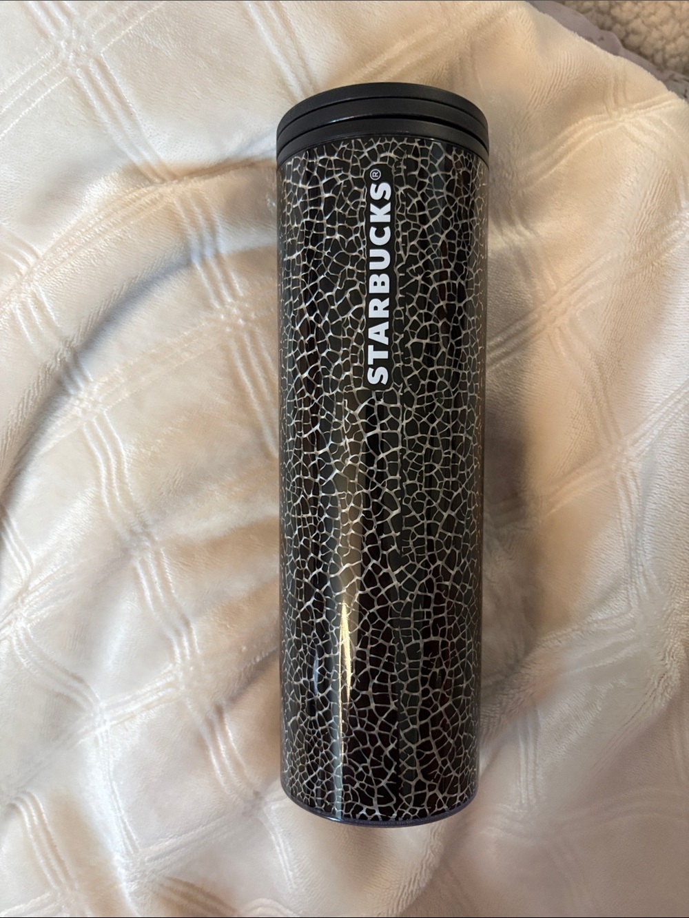 Starbucks Black Crackle Pattern Stainless Tumbler 16 Ounce Tag on Bottom